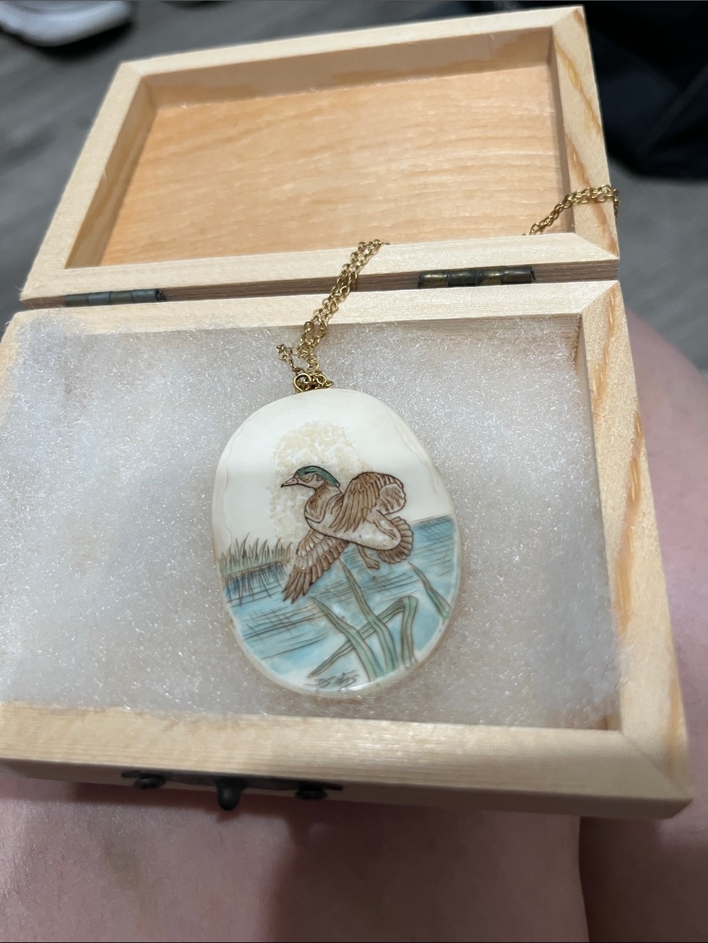 Hand-Painted Duck Pendant Necklace in Cream and Blue